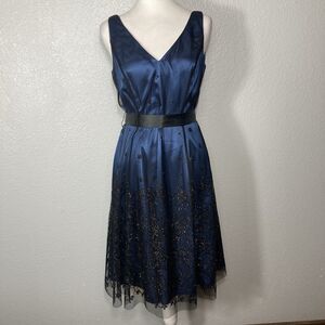 Whimsigoth VTG Adrianna Papell Dress 8P Fairy Y2K Dark Navy Blue Mesh Glitter